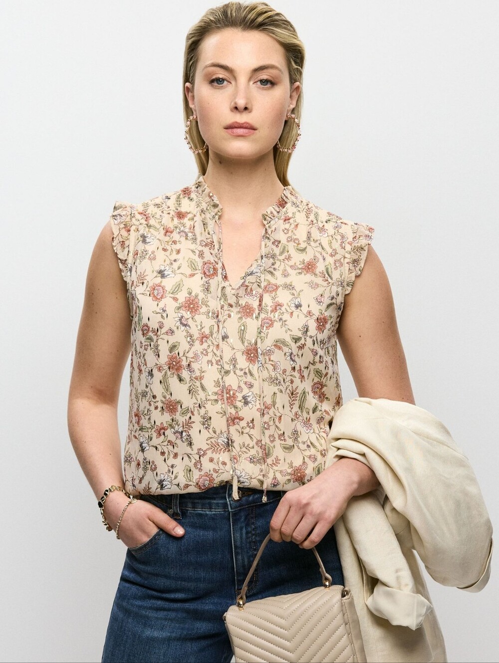 Haver Floral Ruffle-Cap Cream Camisole